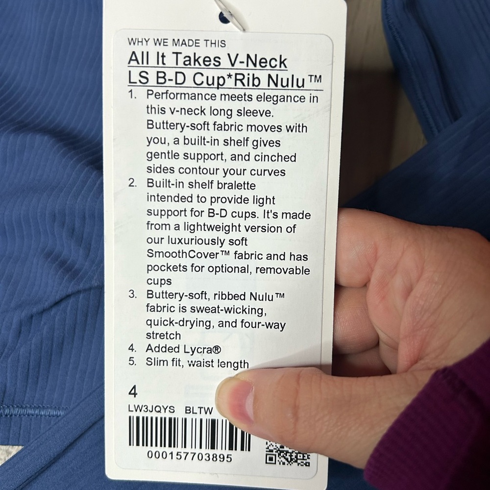 NWT Lululemon All It Takes V-Neck LS b-d cups *rib Nulu* Sz 4 *blue twill* - Picture 5 of 5